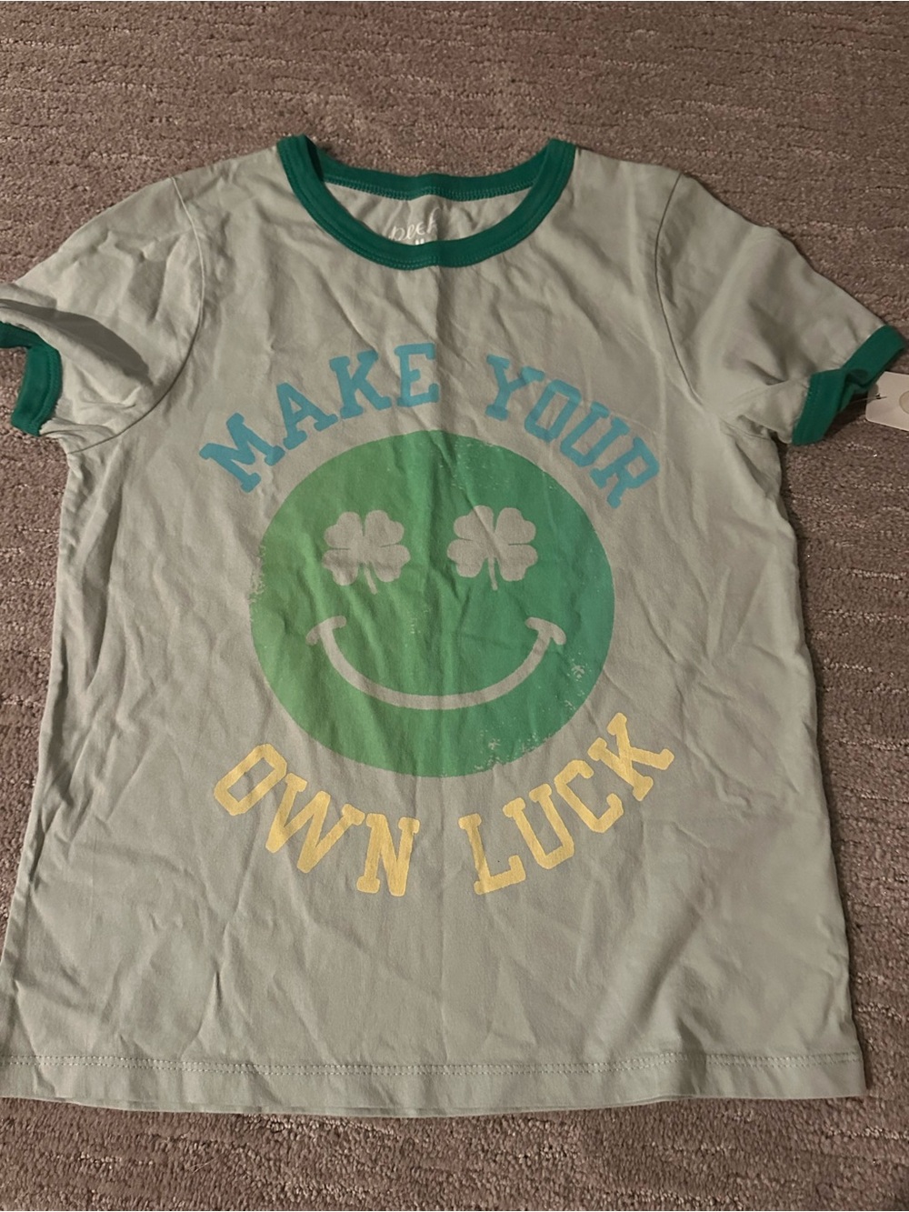 Peek Light Green Ringer Tee with Green Trim and Smiley Clover Graphic